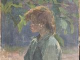 une peinture à l'huile représentant un jeune garçon debout devant un arbre