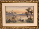 framed picture of a painting of a desert scene with camels and palm trees