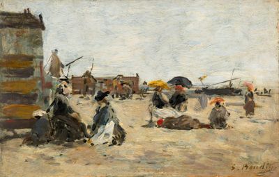 une peinture de personnes sur la plage avec des parasols