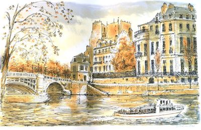 tableau représentant un bateau sur une rivière, avec des bâtiments en arrière-plan