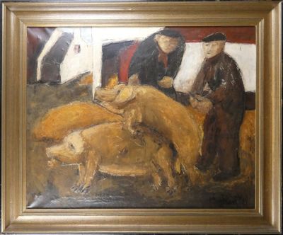 Tableau HST -Les éleveurs de cochons- signé *VAN RINTEL T.