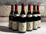 six bottles of wine are lined up on a table in front of a stone wall