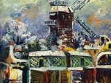 painting of a painting of a windmill on a snowy day