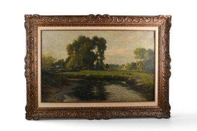 tableau représentant un paysage avec une rivière et des arbres, dans un cadre doré