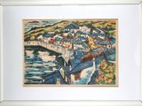 a picture of a painting of a town by the water