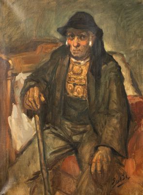 painting of an old man sitting on a bed with a cane