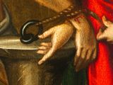 a painting of a man holding a pair of scissors in his hand