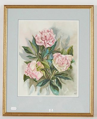 une photo d'un tableau représentant des fleurs roses dans un cadre doré