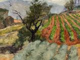 an oil painting of a field with trees and a building in the background