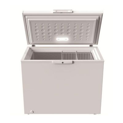 a white chest freezer sitting on top of a white surface