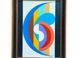 a painting of a blue, red, yellow, and orange swirl on a white background