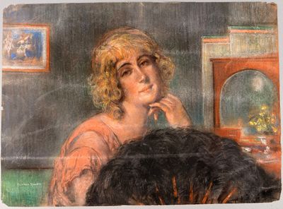 a painting of a woman sitting in front of a mirror