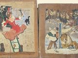 Deux tableaux représentant une femme et un chat sont accrochés au mur.