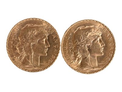 Deux pièces de vingt francs or au coq, 1912. Usures. - Photo 1