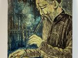 painting of an old man stirring a pot with a spoon