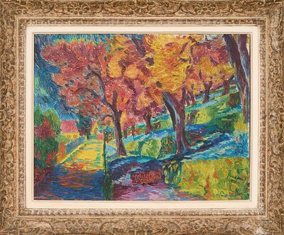 une peinture représentant une peinture d'arbres et d'un ruisseau dans un parc