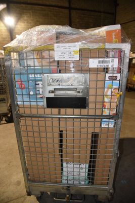a metal cart with many boxes on it in a warehouse