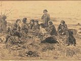 dessin représentant un groupe de personnes assises dans un champ avec un chien