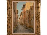 a painting of a street scene with buildings and a person walking down the street