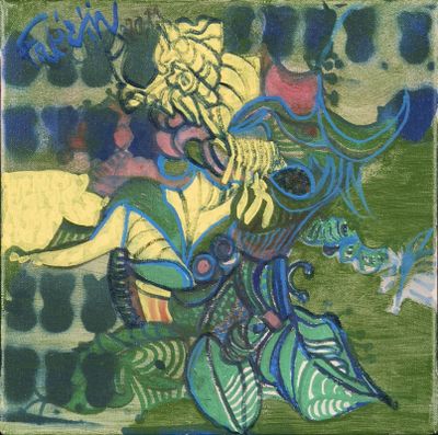 un tableau représentant une femme tenant une fleur à la main