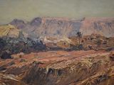 an oil painting of a mountain scene with a village in the distance