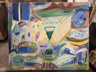 un tableau posé sur une table dans une pièce