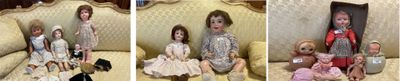 three pictures of a little girl sitting on a couch with a teddy bear