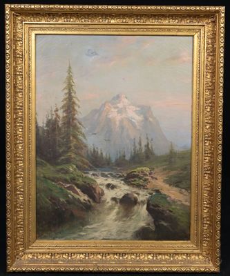 une peinture à l'huile représentant un paysage de montagne avec un ruisseau au premier plan