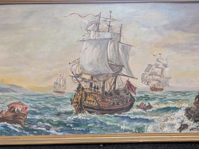 a painting of a ship in the water with other boats