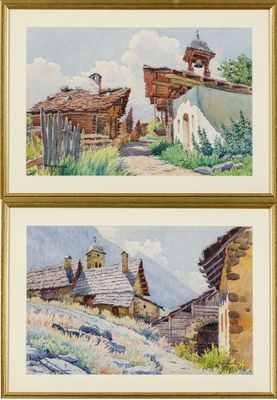 deux aquarelles représentant des bâtiments anciens dans un cadre rural
