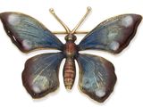 broche représentant un papillon bleu et rouge sur fond blanc