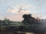 a painting of cows grazing in a field by the water
