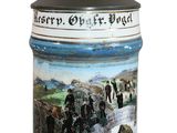 a beer mug with a painting on it on a white background