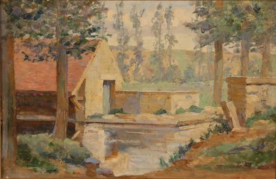 an image of a painting of a house by a river