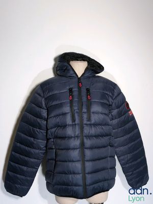 the jacket is blue and has a hood on it