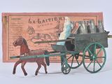 a toy horse pulling a cart with milk in it