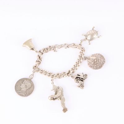 an image of a silver bracelet with charms and a coin