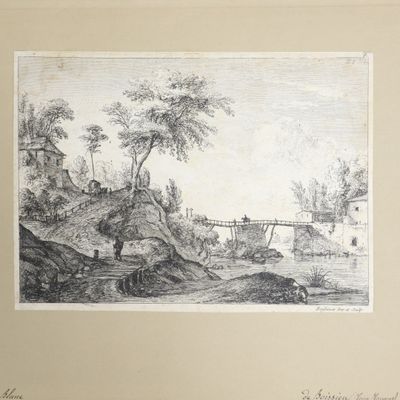 dessin représentant un paysage avec une rivière et un pont au loin
