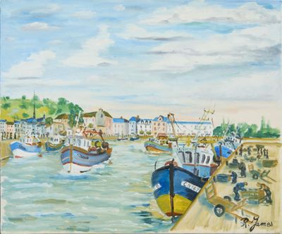une peinture représentant une scène portuaire avec des bateaux dans l'eau