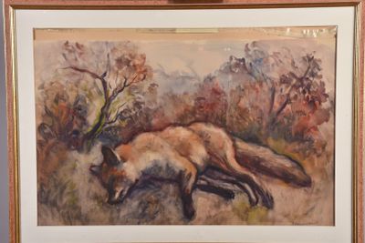 an oil painting of a fox laying down in a field