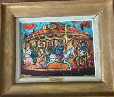 tableau représentant un carrousel avec des chevaux et des personnages, dans un cadre en bois