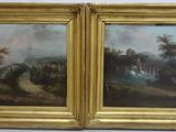 two framed paintings of a landscape with a castle in the background