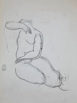 an image of a drawing of a nude woman sitting on the ground