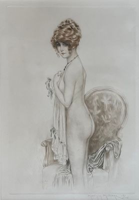 une image représentant le dessin d'une femme debout à côté d'une chaise