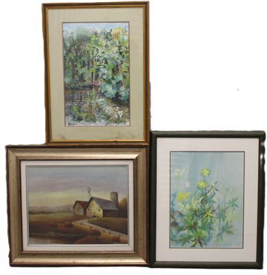 three framed paintings of a farm scene with a barn in the background