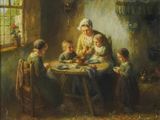 tableau représentant une femme assise à une table avec des enfants en train de manger