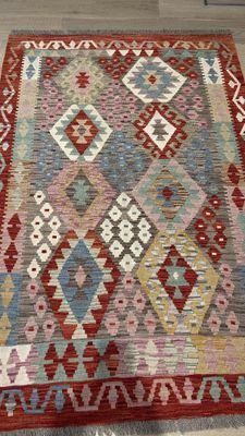 Kilim Afghan en laine couleur rouge et vert 176 x 118