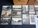 several old black and white photographs of old buildings and cars