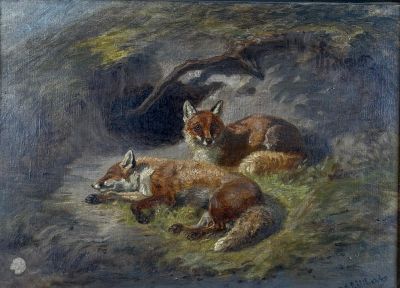 painting of two foxes resting in the shade of a tree