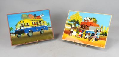 two paintings of a bus and a bus with people on it